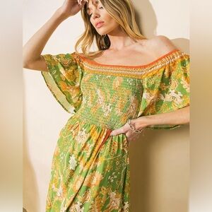 Flying Tomato Green and Orange Floral Midi Dress